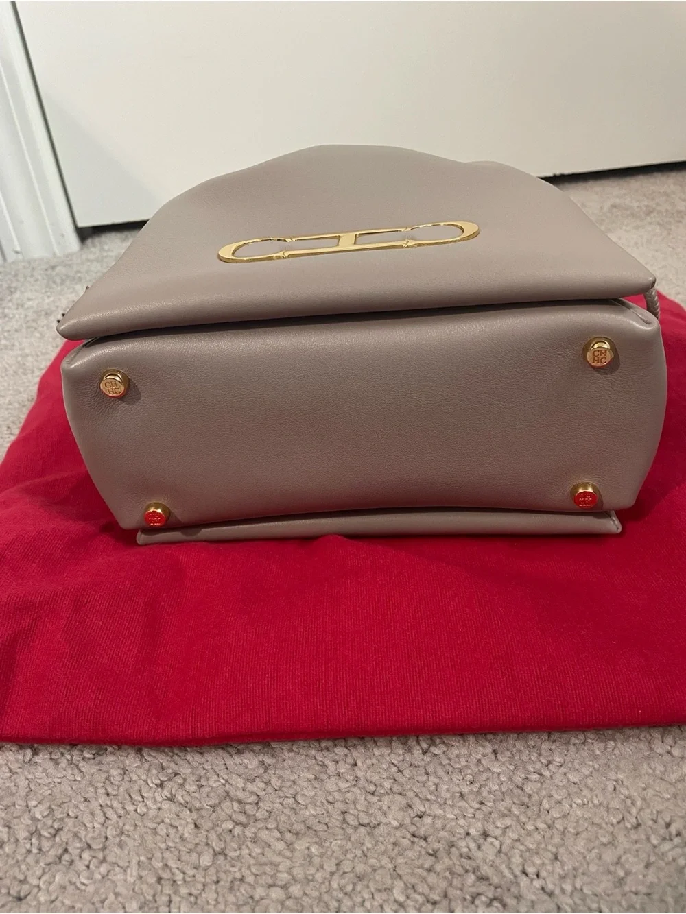 Carolina Herrera Leather Drawstring Crossbody Bucket Bag with Gold Hardware